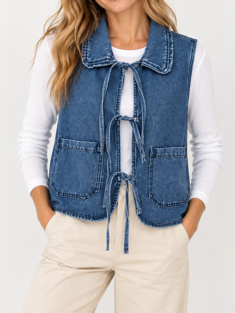 NWT Stoosh Tie Front Ruffle Collar Denim Vest Medium
